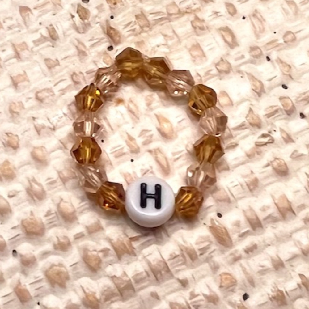 “H” LETTER CRYSTAL BEADED RING, ONE SIZE, TAN/LIGHT BEIGE